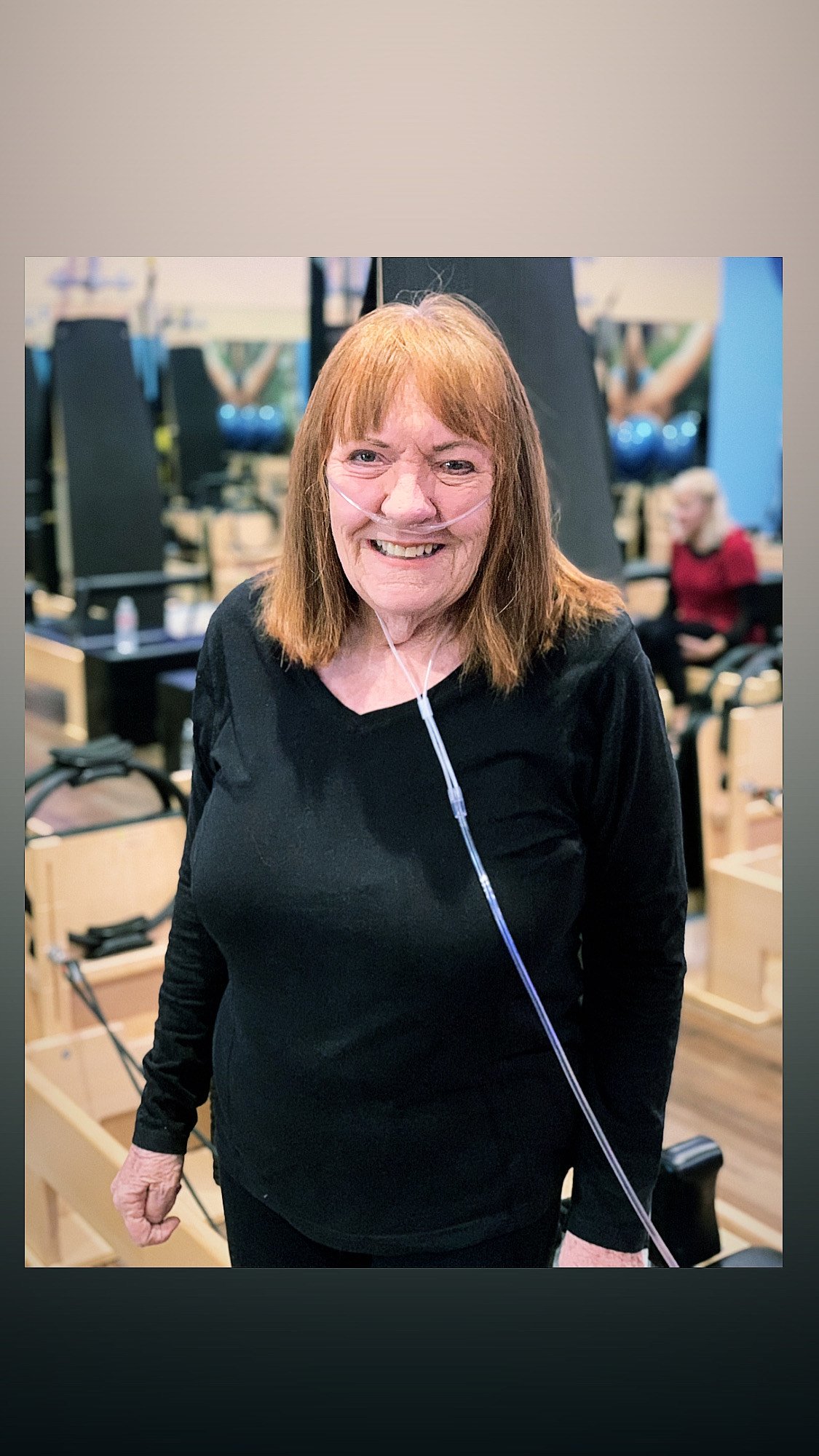 Pilates practitioner Cindy with oxygen tank for COPD